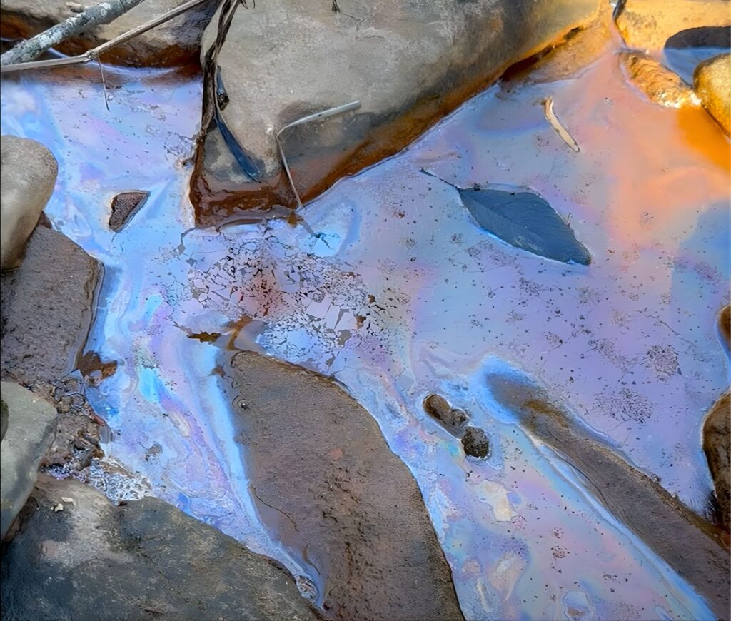 Shiny multicolored bacterial sheen on water between rocks, shattering into jagged plates after being poked with a stick.